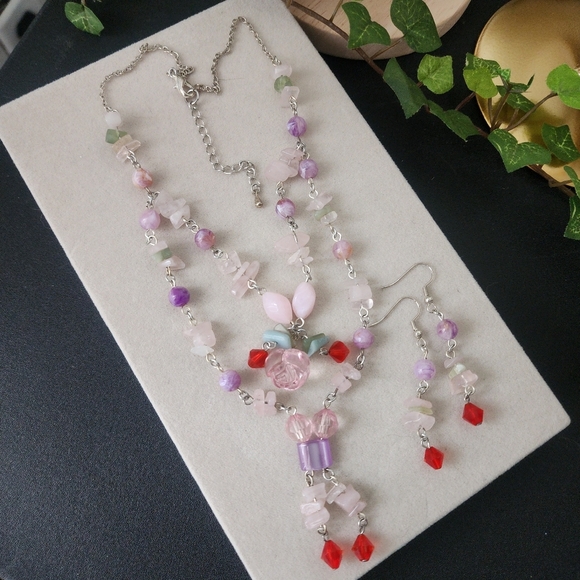 Silver Natural Stone Pink Quartz Glass Acrylic Bead Necklace Earrings Set - Picture 10 of 11